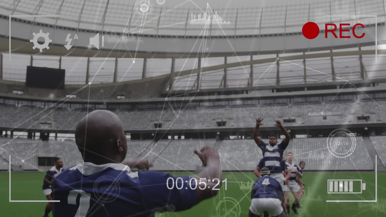 스포츠 경기장에서의 럭비 경기를 통해 연결 네트워크를 통해 데이터 처리의 애니메이션