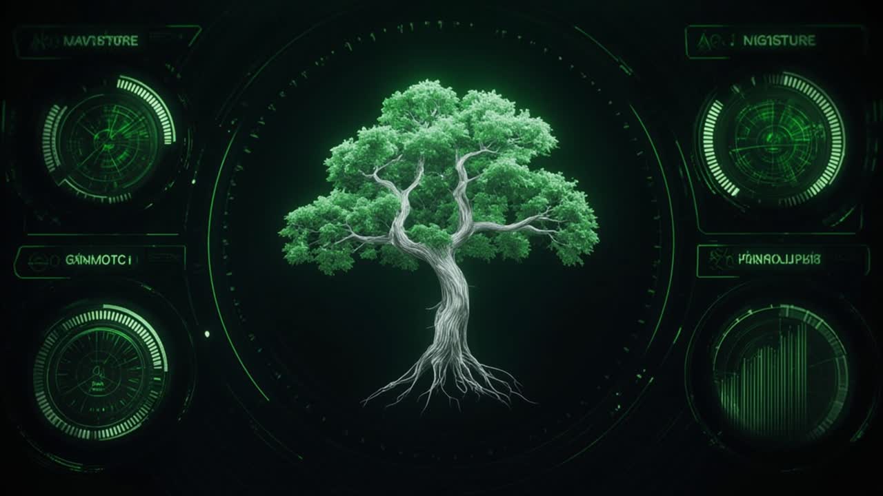 Digital Tree with Futuristic HUD Interface and Data Elements