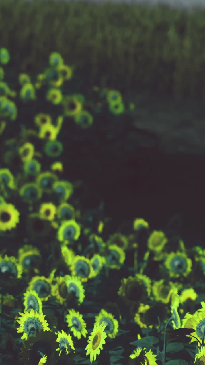 Campo di girasoli vivace sotto un cielo crepuscolare con delicate tonalità di verde