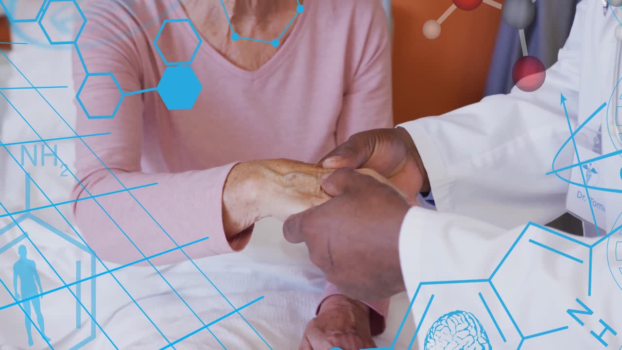 animación de moléculas y datos sobre un médico afroamericano con una paciente femenina.