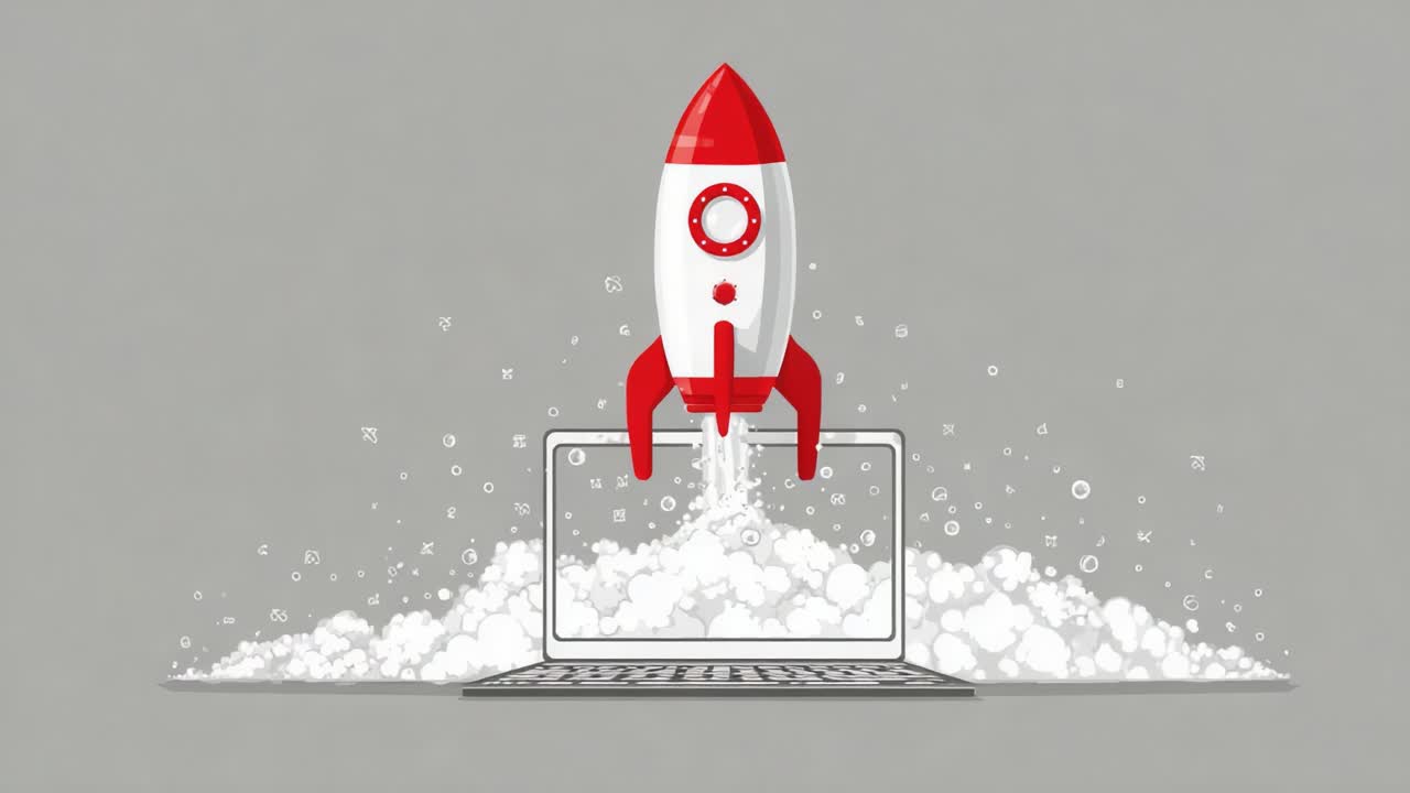 A sleek rocket launches from a laptop, surrounded by clouds of smoke and digital elements. This illustration represents innovation, technology, and the future of computing