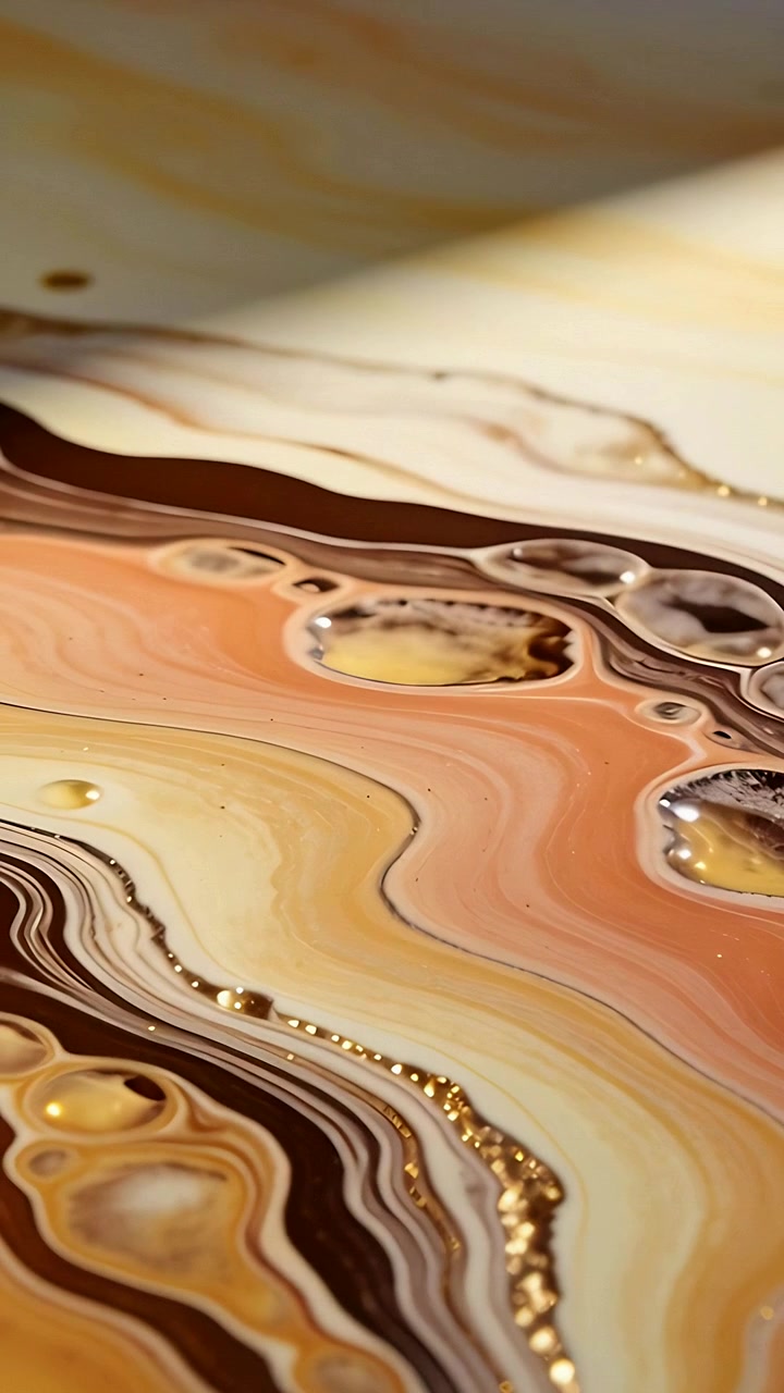 Vertical video: Capturing glossy fluid acrylic pour settling on studio panel, gold cells shimmering