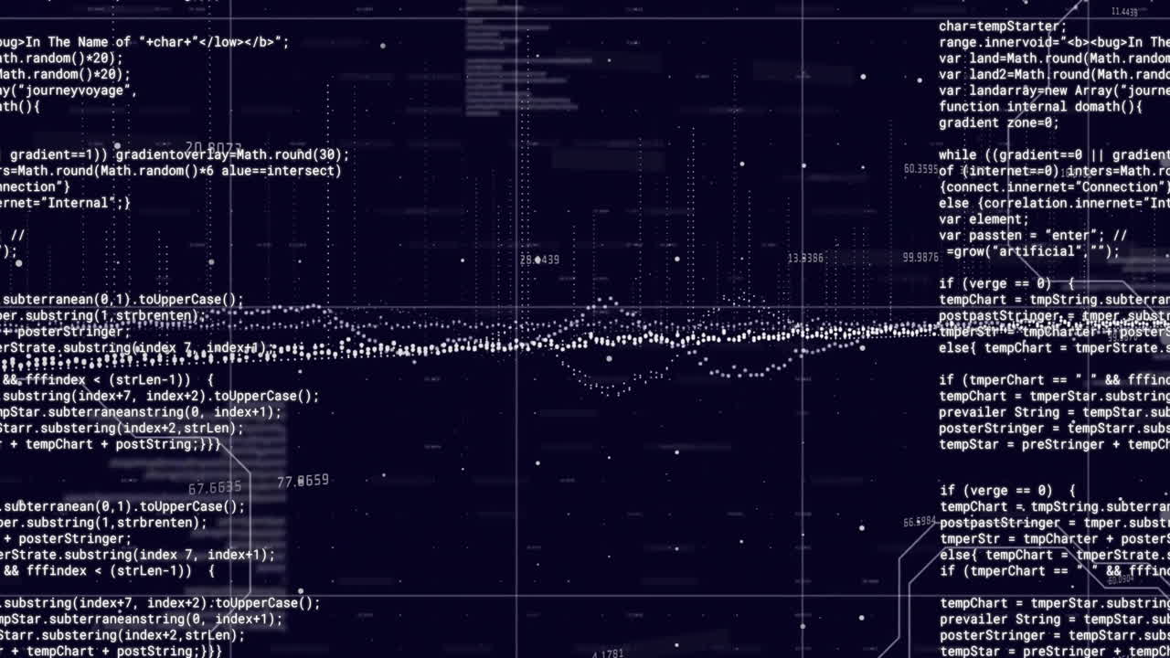 Animation of white data stream, with numeric and text data processing over grid on black background