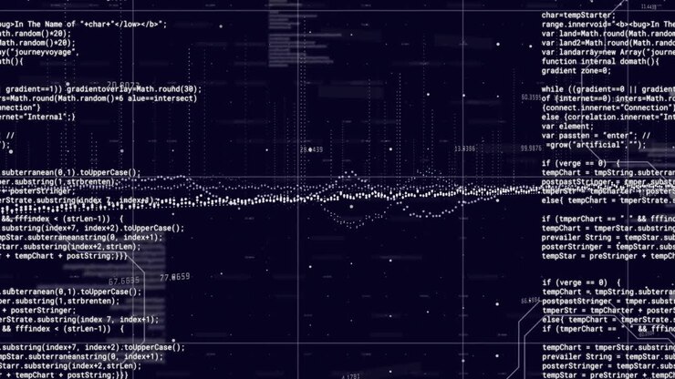Animation of white data stream, with numeric and text data processing over grid on black background
