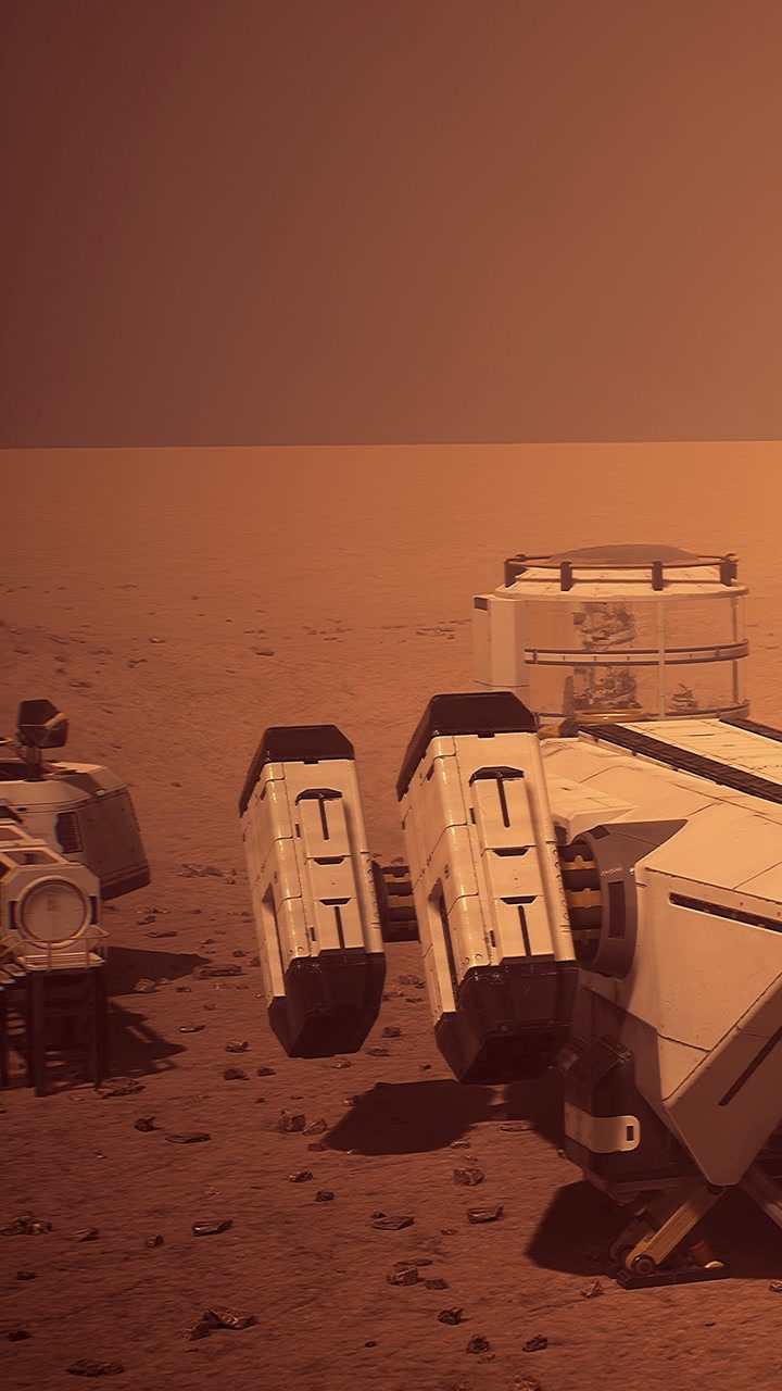 Mars rover explores the dusty surface while collecting data in the distance