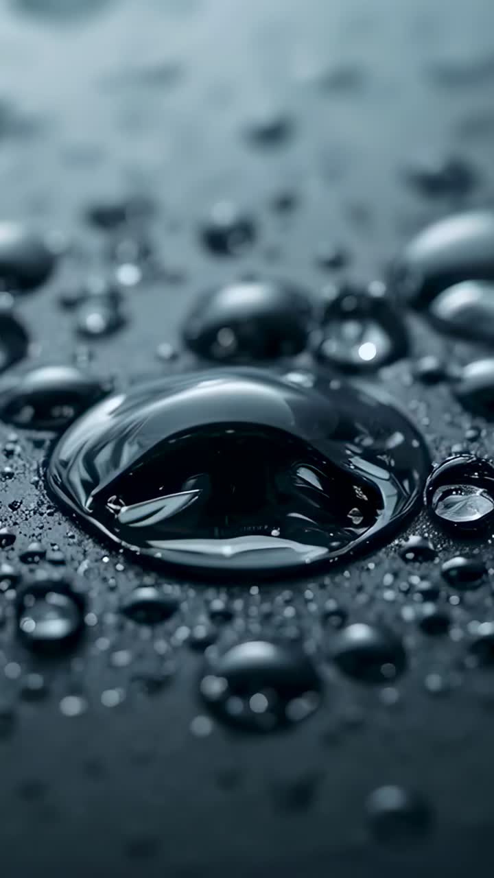 Vertical video: Showing large central droplet reacting to light shift on dark surface with beads