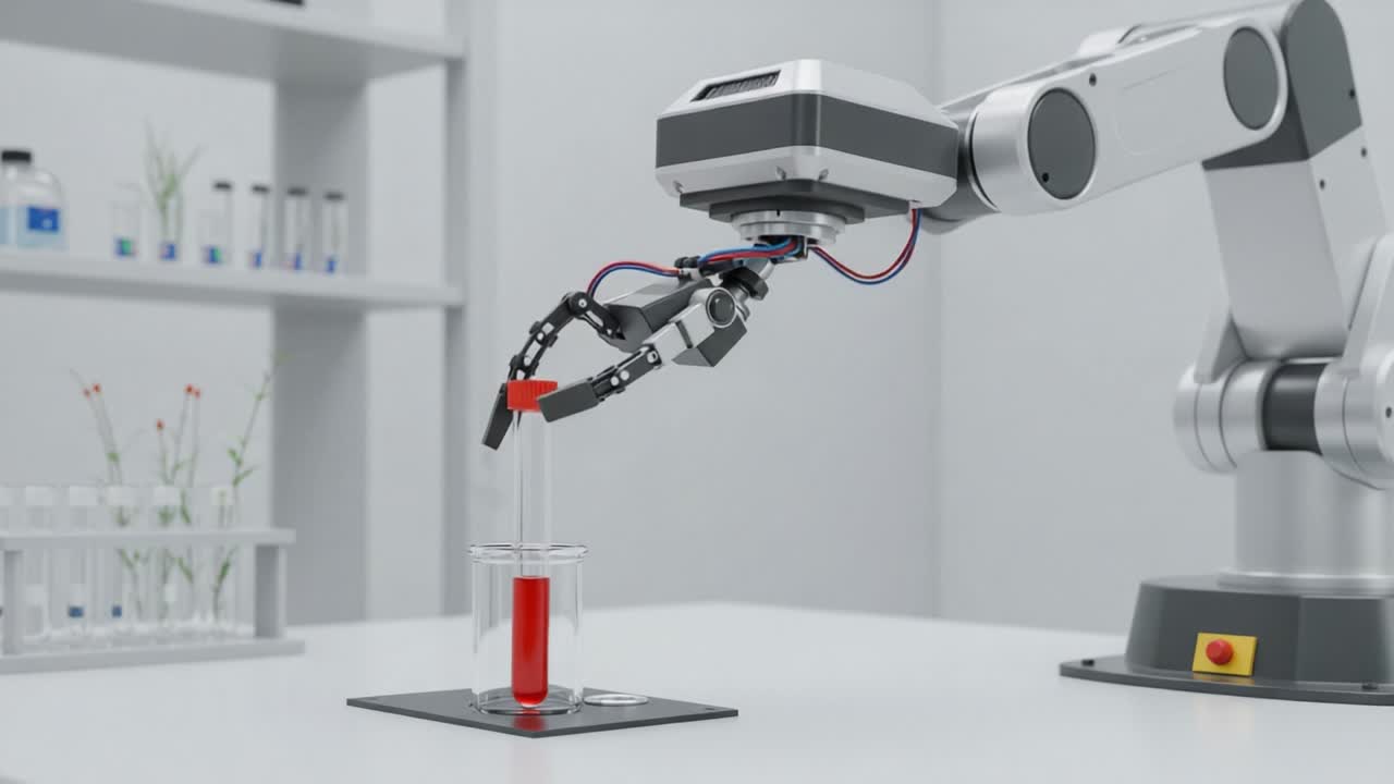 A robotic arm meticulously operates in a lab environment, skillfully pouring a vibrant liquid from one test tube to another, showcasing advanced automation technology