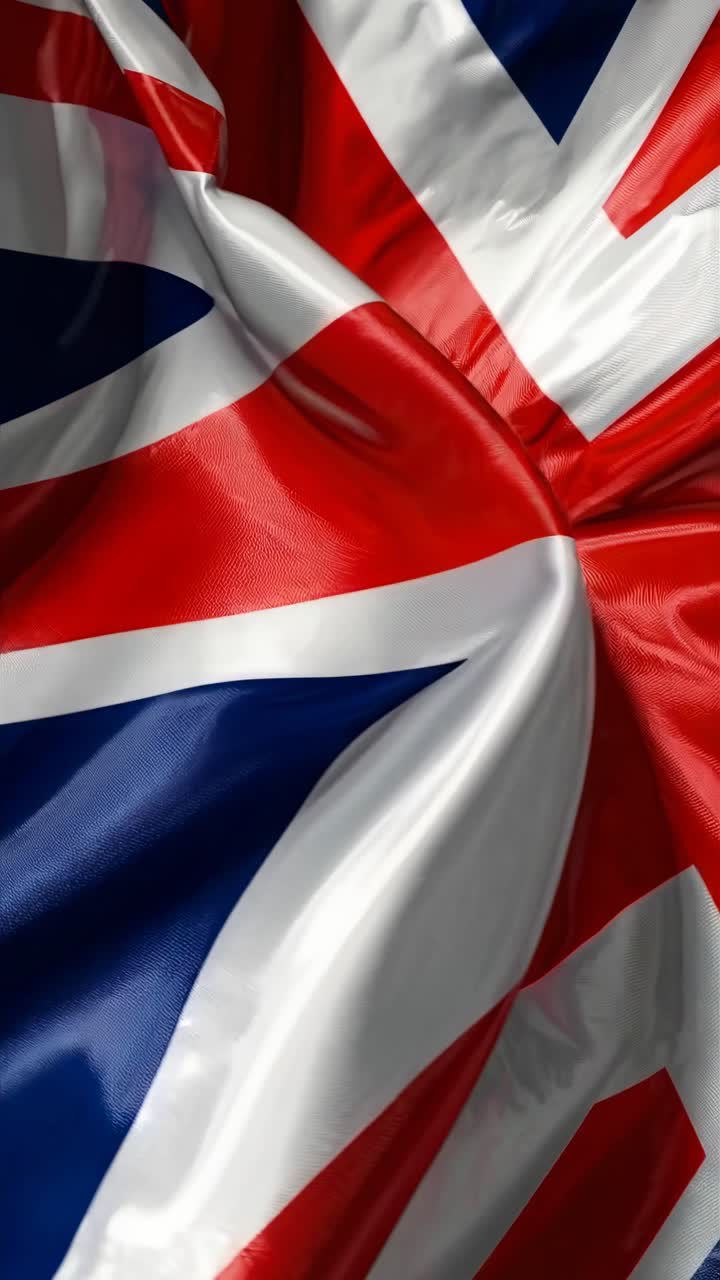 Close-up video of a waving Union Jack flag, capturing the vibrant colors and textures