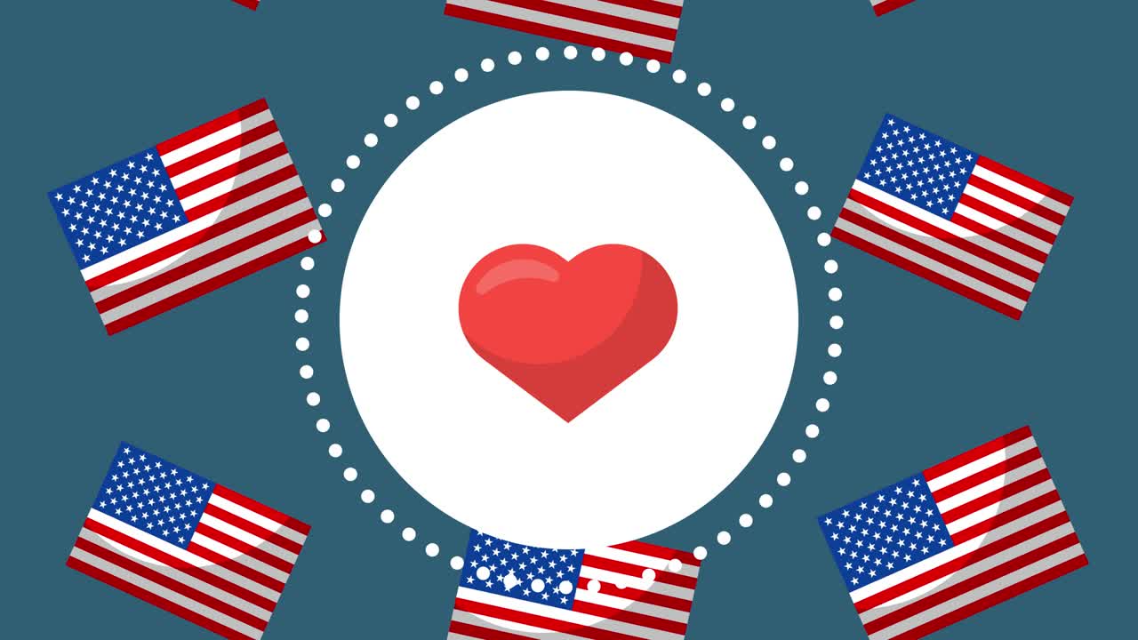 el concepto de animación de la bandera de los estados unidos y el corazón.