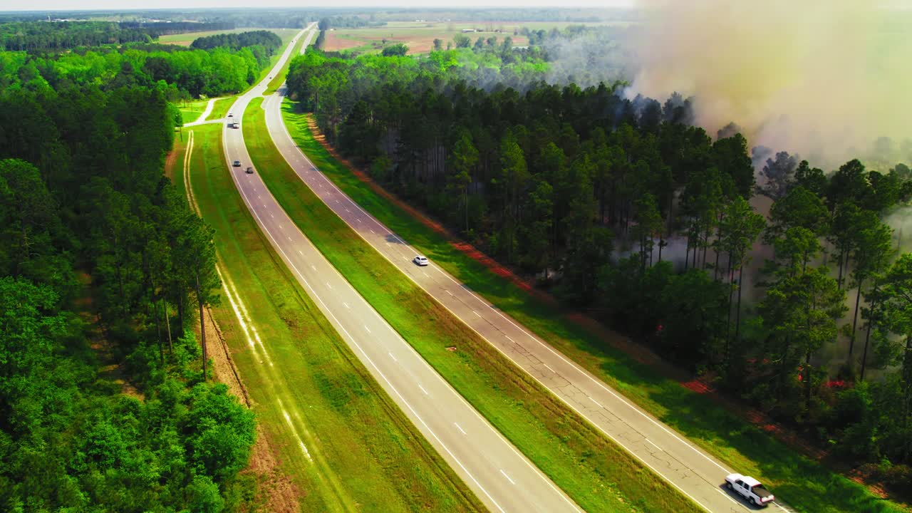Drone View of Forest Fire Near Highway in Georgia, USA