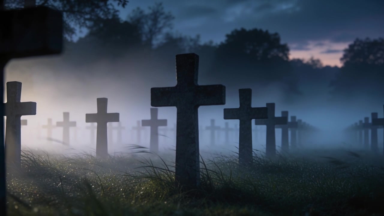 La telecamera si sposta per rivelare una croce centrale e file di tombe che si allontanano in un cimitero nebbioso, con l'orizzonte che si schiarisce.