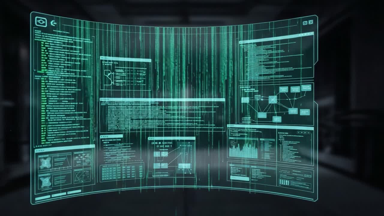 Futuristic Data Visualization Displaying Complex Information Through a Holographic Interface Featuring Dynamic Graphics and Matrix-Style Animation Effects