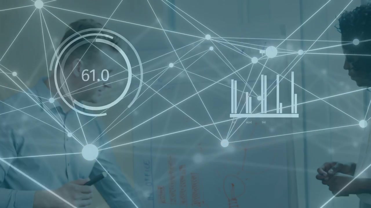 Business team leaning at board, network overlay appearing and updating charts while analyzing data