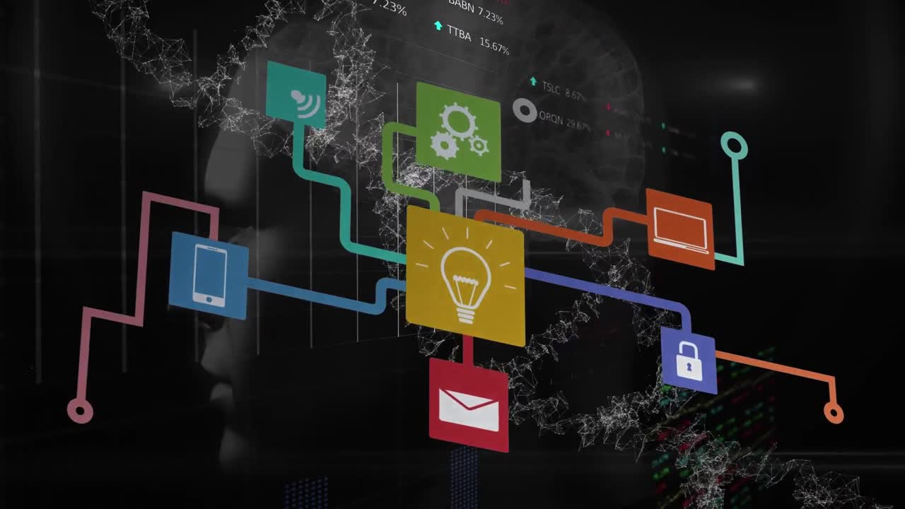 Animation of tech icons over man's hand and dna strand on black background