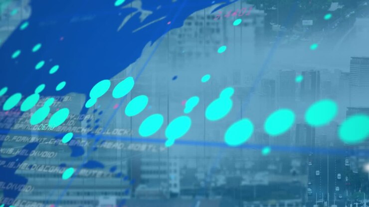 Animation of data processing over world map against aerial view of city traffic