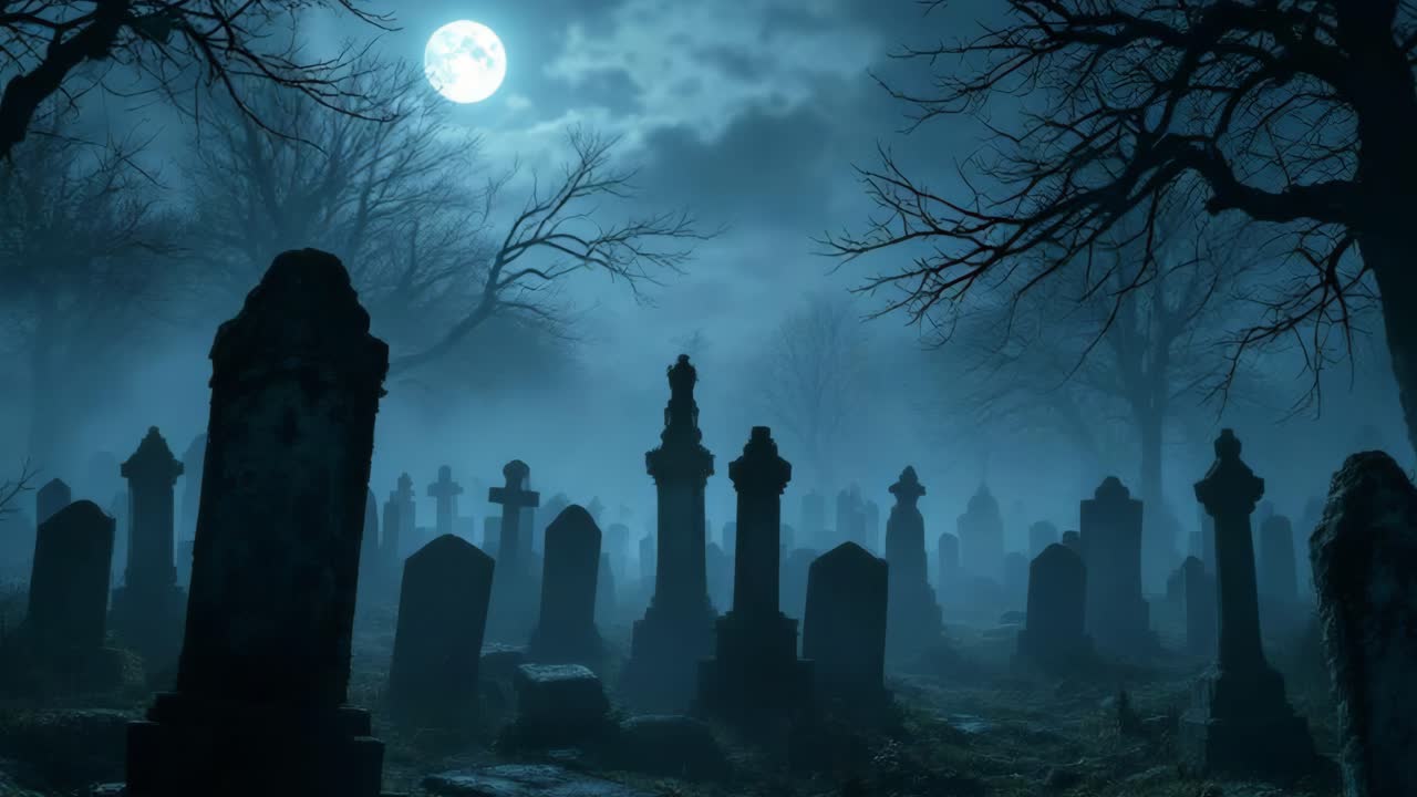 Eerie Moonlit Graveyard with Fog