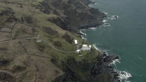 Aerial-view-of-Mull-of-Kintyre-lighthouse-in-Argyll-and-Bute,-Scotland