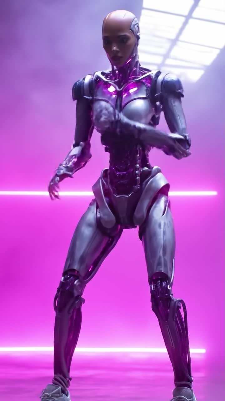 Advanced humanoid robot dancing under purple neon lights at tech showcase