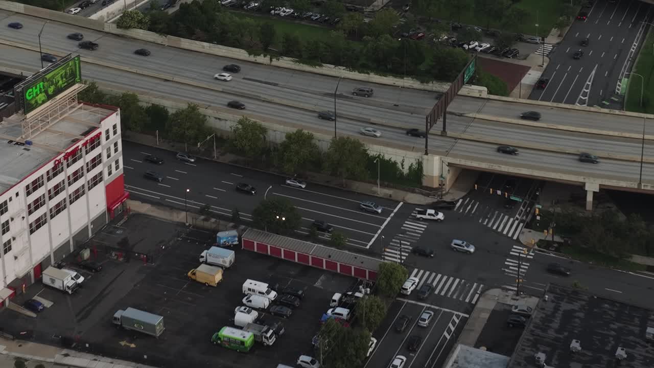 Aerial view of busy urban area in Philadelphia with parked vehicles