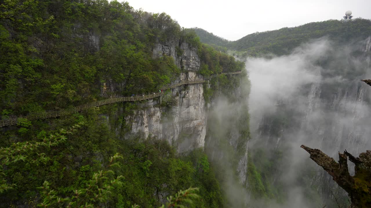 пешеходная дорожка вдоль скалы тяньмэнь в чжанцзяцзи, покрытая туманом и дождем, китай