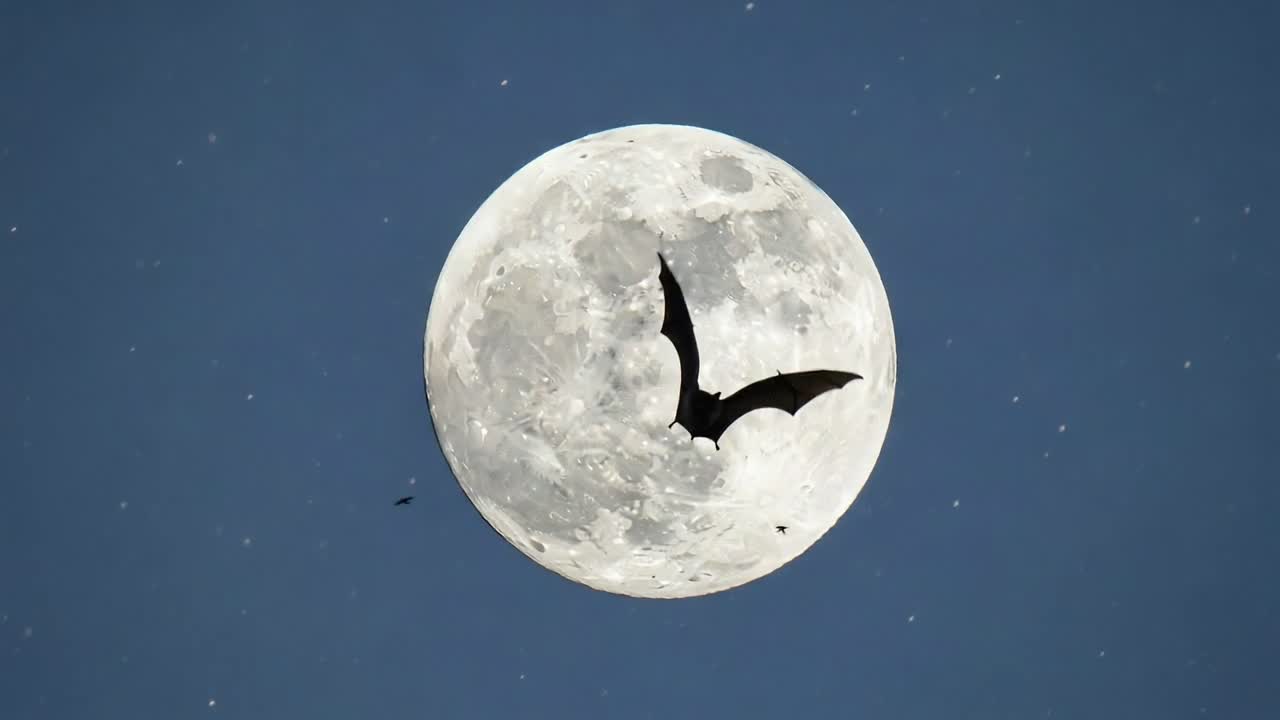 A Mysterious Night Sky Featuring a Giant Full Moon Illuminated by Stars and a Bat in Flight, Capturing the Essence of Enchantment and Wilderness Under the Moonlight