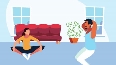young couple practicing exercise in the home characters