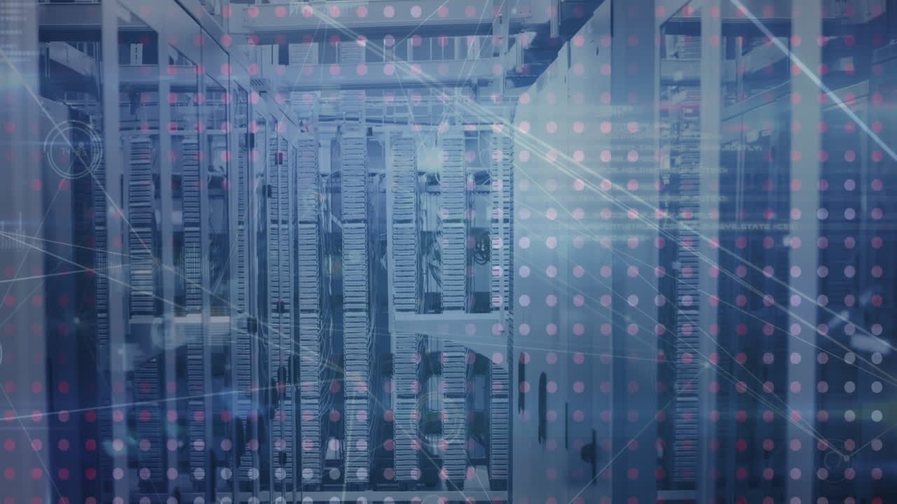 Animation of data processing over spots and server room