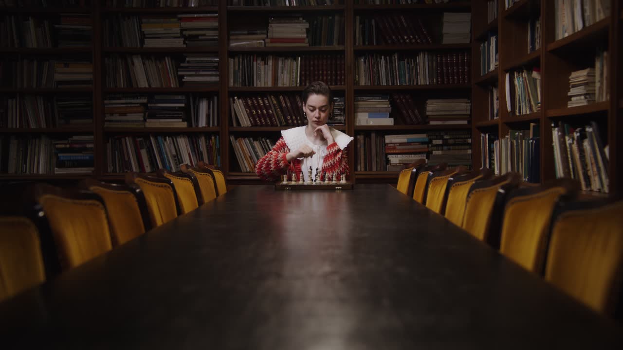 도서관 에서 체스 에 집중 하는 여자