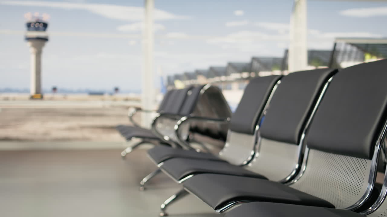 Airport terminal, empty departure lounge, seating with no people