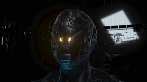 cybernetic head in futuristic setting