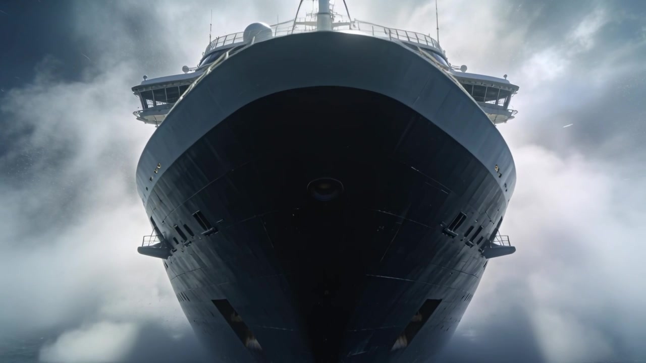 Fog lifting, large cruise-ship bow approaching camera through mist, revealing hull details