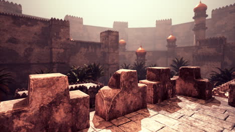 exploring the sunlit ruins of an ancient eastern city with towering walls