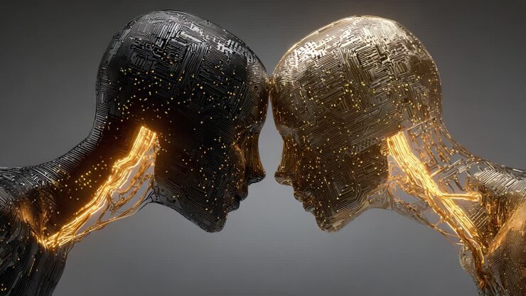 A Pensive Encounter between Two Cyborg-Like Figures, Merging Technology and Humanity, Illuminating Themes of Connection and Existence through a Unique Artistic Representation