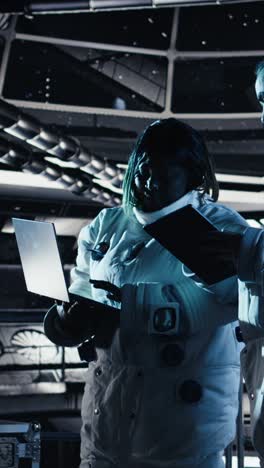 vertical video astronaut reviewing onboard analytics on laptop before stepping out of station