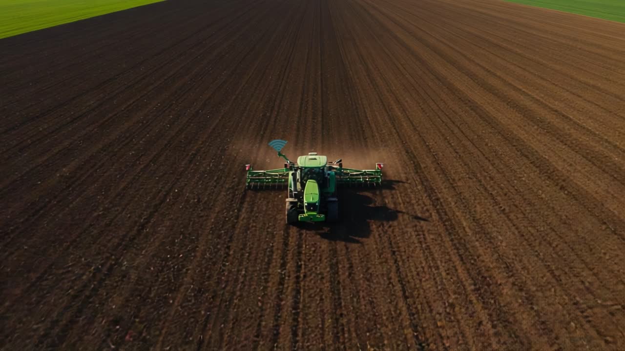 Aerial View of Agricultural Machinery Cultivating Fertile Soil in a Vast Farmland Landscape, Enhancing Productivity and Sustainability in Modern Farming