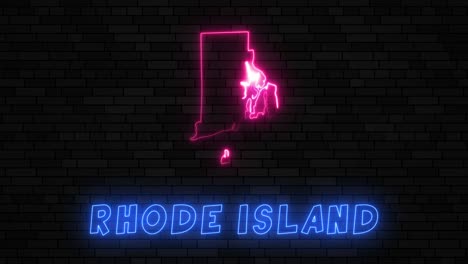 estado de rhode island mapa silueta con línea de neón en un fondo de pared de ladrillo oscuro
