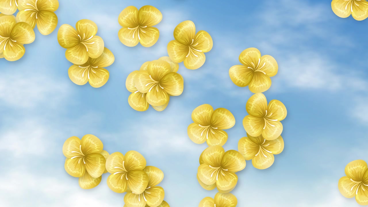 Gule blomster daler nedad gennem en klar blå himmel med bløde hvide skyer og sollys
