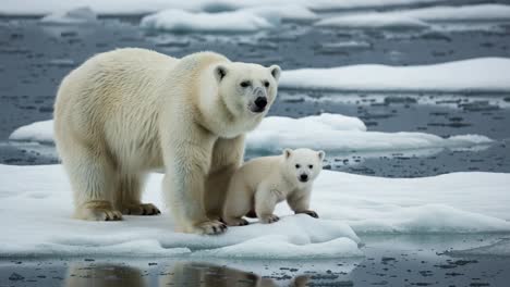 a heartwarming moment between a polar bear mother and her cub on an ice floe, capturing the essence of arctic wildlife and family bonds in their natural habitat