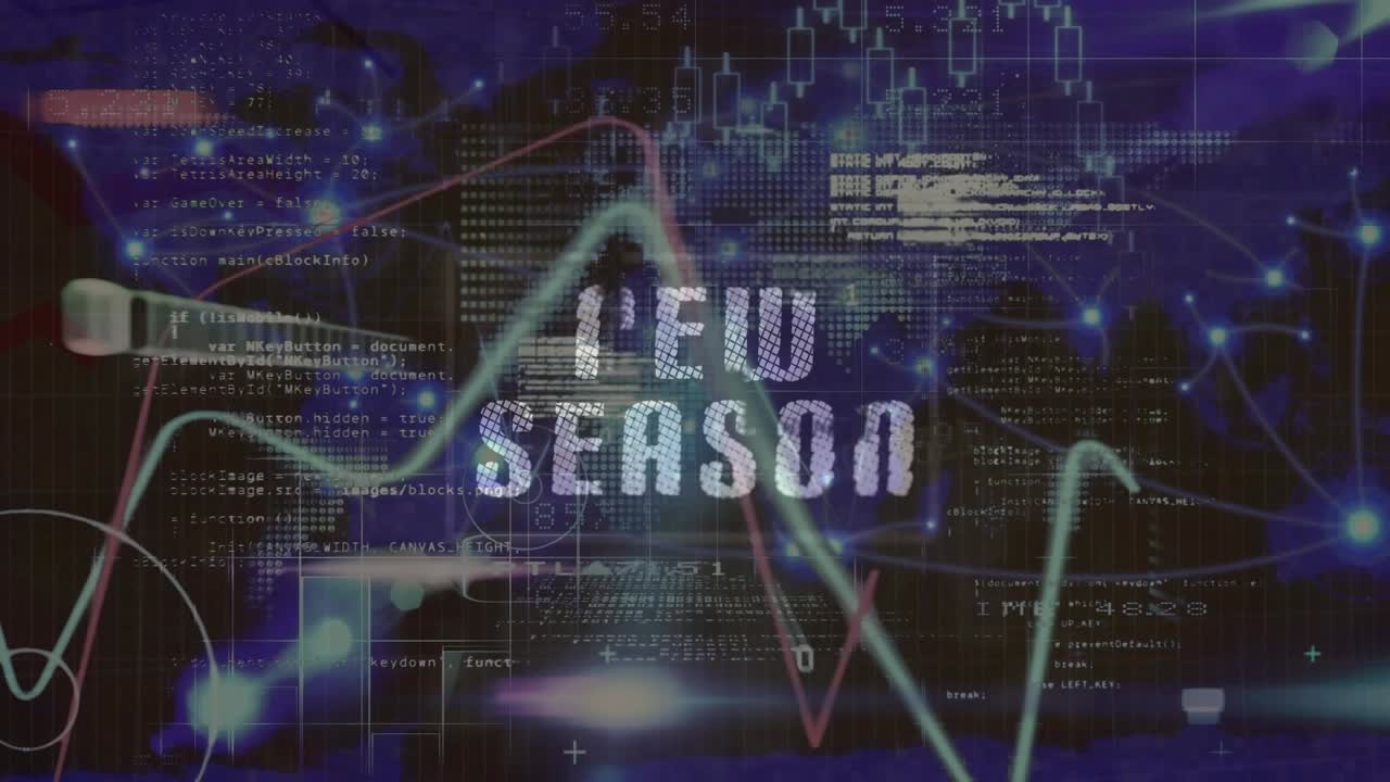 Animation of new season text over data processing on black background