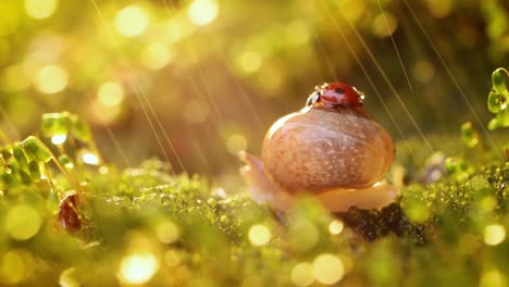 close-up de la vida silvestre de un caracol y una mariquita bajo una fuerte lluvia en la luz del atardecer.