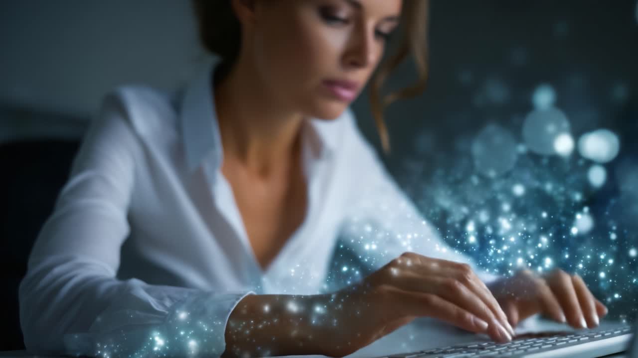 Una donna concentrata che digita su una tastiera con effetti visivi magici, che illustra la creatività, l'ispirazione e la potenza della tecnologia in un ambiente professionale