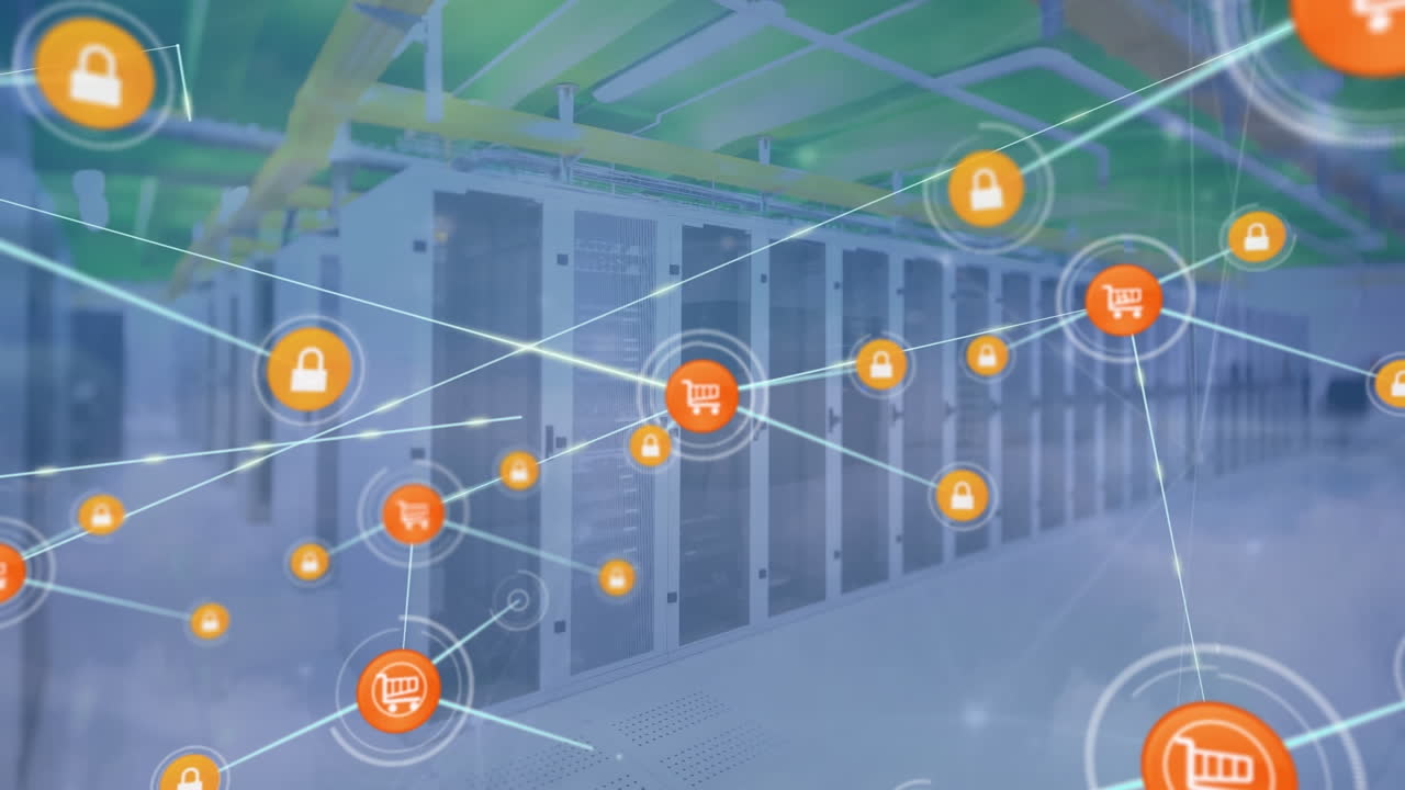 animación de la red de conexiones con iconos a través de servidores informáticos