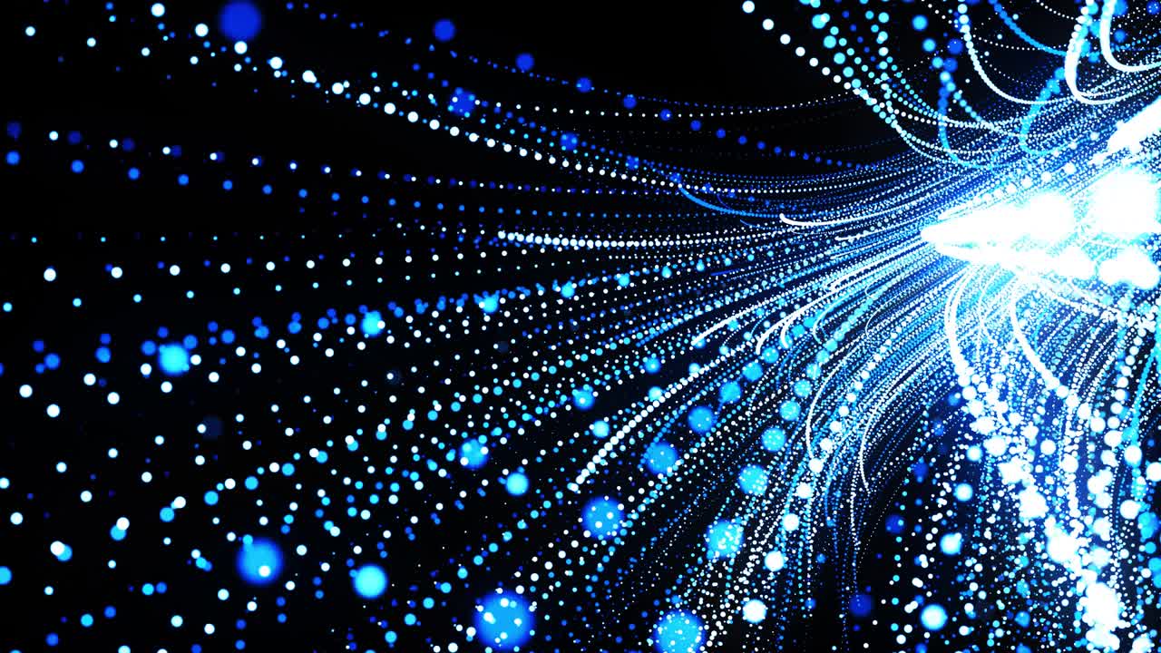 abstract 3d loop background with glowing particles lined up in curved lines in 3d space. Festive vj loop with blue particles and smooth animated camera. Motion design background