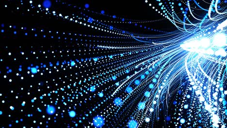 abstract 3d loop background with glowing particles lined up in curved lines in 3d space. festive vj loop with blue particles and smooth animated camera. motion design background