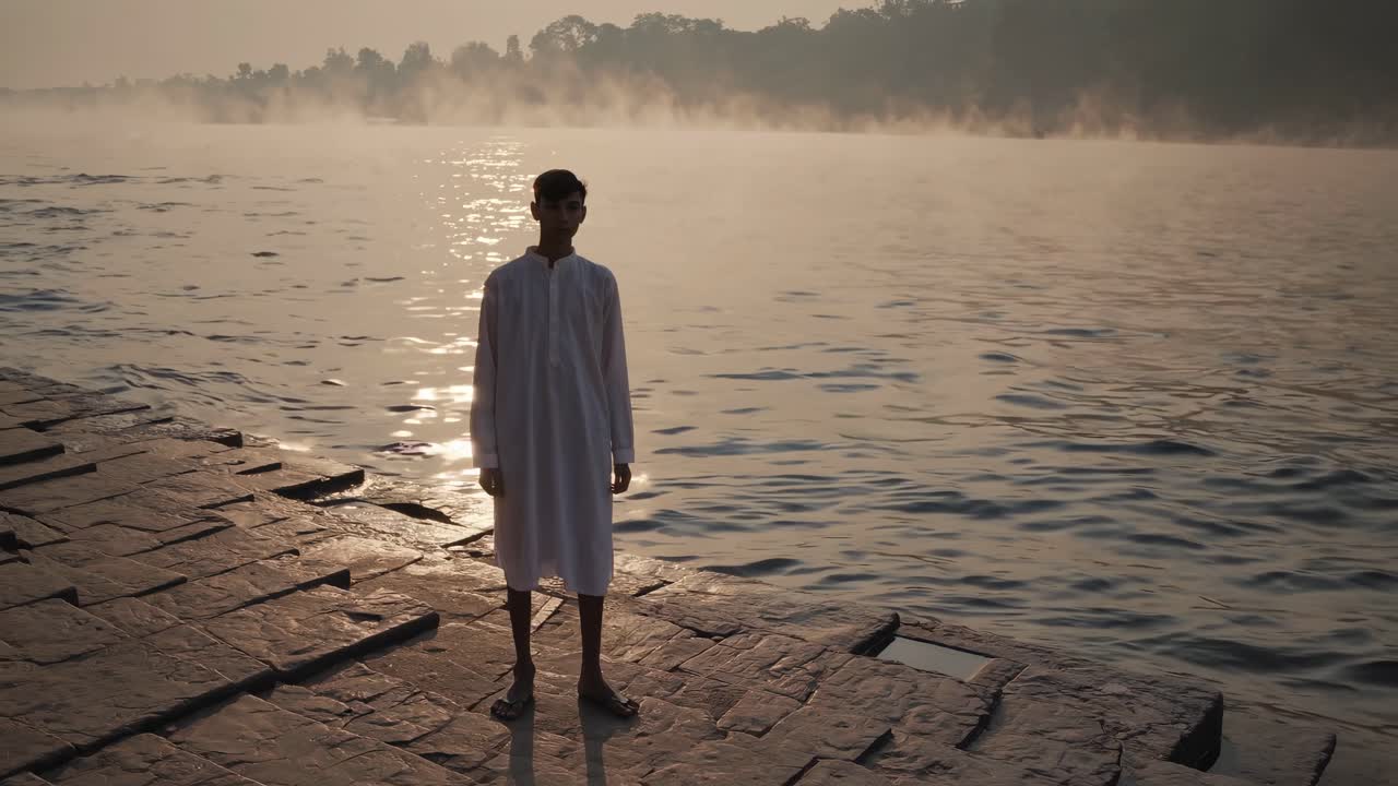 Young Indian man in traditional white clothing standing serenely on the ghats of the Ganges River at sunrise, surrounded by mist and golden reflections