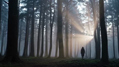 sunbeams in a misty forest