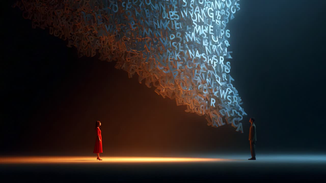 A captivating visual portrayal of intertwined thoughts and emotions, represented through swirling letters and silhouettes, highlighting the connection between two individuals during a transformative moment