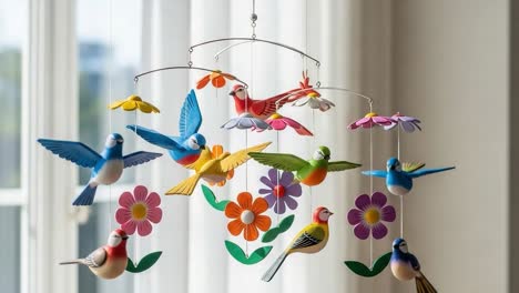 colorful mobile featuring vibrant birds and flowers, bringing joy and whimsy to home decor with its playful design and craftsmanship