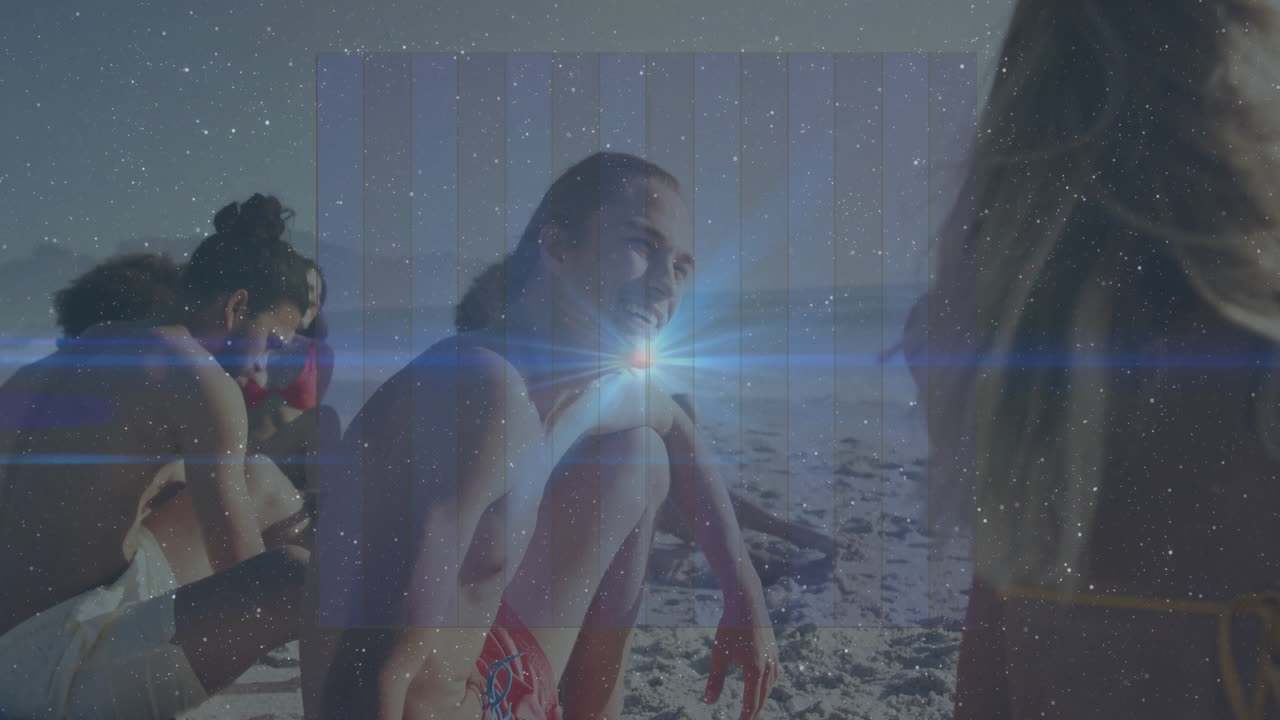 On beach, people relaxing with starry light animation overlaying scenic view