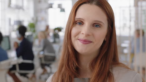 portrait red head business woman smiling happy entrepreneur enjoying successful startup company proud manager in office workspace